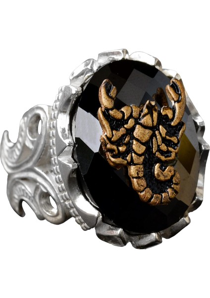 El Yapımı 925 Ayar Gümüş Erkek Yüzük, Obsidan Taşlı, Akrep Yüzük Tasarımı, Özgün 925 Ayar Gümüş Yüzük