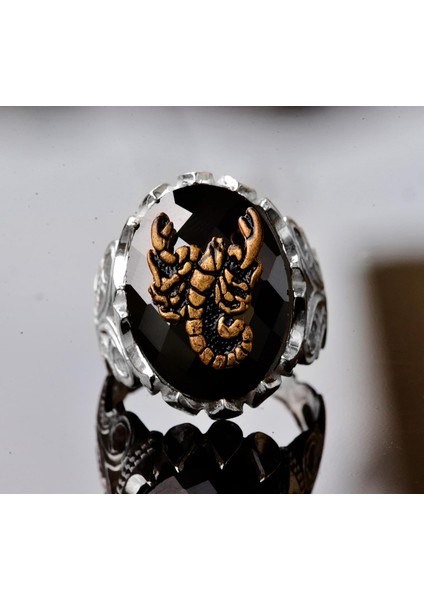 El Yapımı 925 Ayar Gümüş Erkek Yüzük, Obsidan Taşlı, Akrep Yüzük Tasarımı, Özgün 925 Ayar Gümüş Yüzük fiyatları