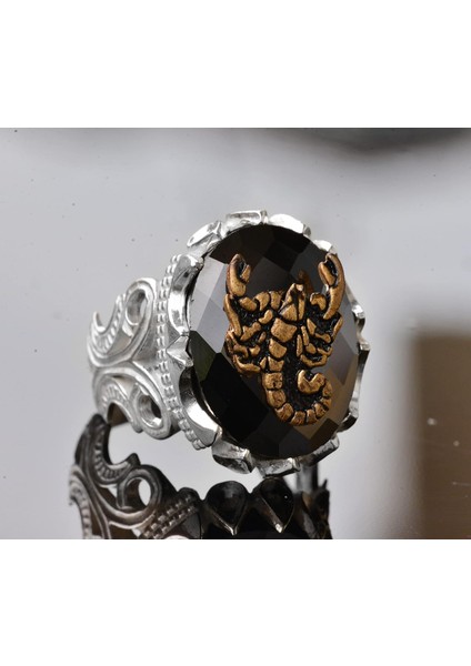 El Yapımı 925 Ayar Gümüş Erkek Yüzük, Obsidan Taşlı, Akrep Yüzük Tasarımı, Özgün 925 Ayar Gümüş Yüzük modelleri