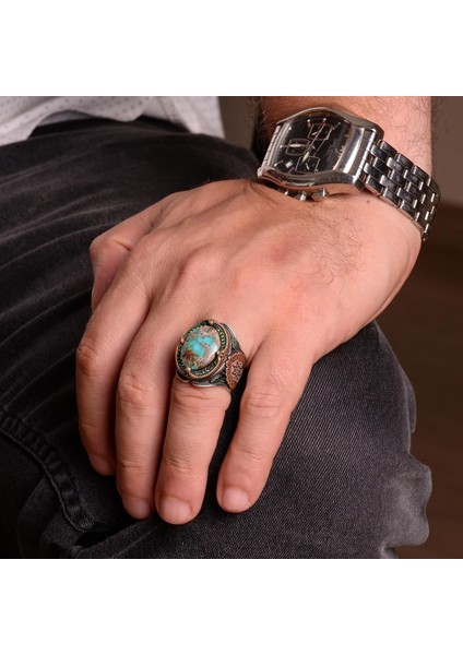 925 Doğal Arizona Turkuaz Taş Yüzük, Oval Sterlin Gümüş Yüzük Erkekler Için (Stil-3) modelleri