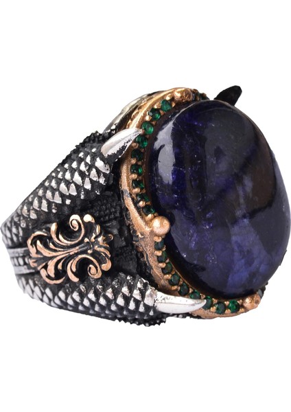 Doğal Cabochon Safir Taşlı Erkek Yüzüğü, 925 Ayar Gümüş Kartal Pençesi Tasarımı