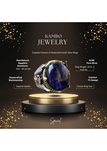 Doğal Cabochon Safir Taşlı Erkek Yüzüğü, 925 Ayar Gümüş Kartal Pençesi Tasarımı fiyatları