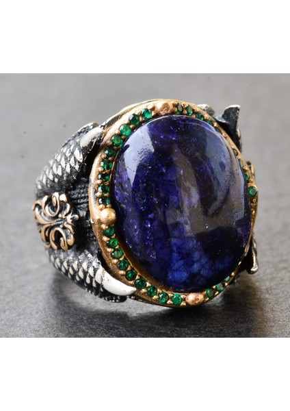 Doğal Cabochon Safir Taşlı Erkek Yüzüğü, 925 Ayar Gümüş Kartal Pençesi Tasarımı modelleri
