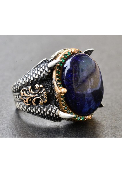 Doğal Cabochon Safir Taşlı Erkek Yüzüğü, 925 Ayar Gümüş Kartal Pençesi Tasarımı fırsatları