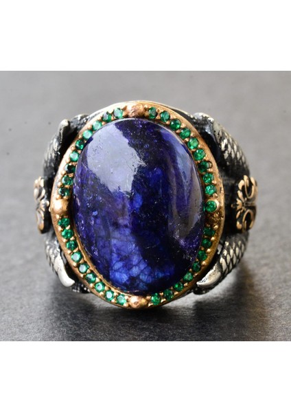 Doğal Cabochon Safir Taşlı Erkek Yüzüğü, 925 Ayar Gümüş Kartal Pençesi Tasarımı indirimleri