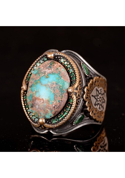 925 Doğal Arizona Turkuaz Taş Yüzük, Oval Sterlin Gümüş Yüzük Erkekler Için (Stil-3) fırsatları