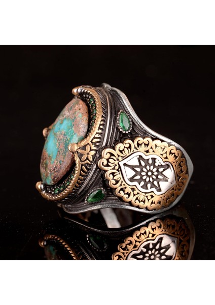 925 Doğal Arizona Turkuaz Taş Yüzük, Oval Sterlin Gümüş Yüzük Erkekler Için (Stil-3) indirimleri