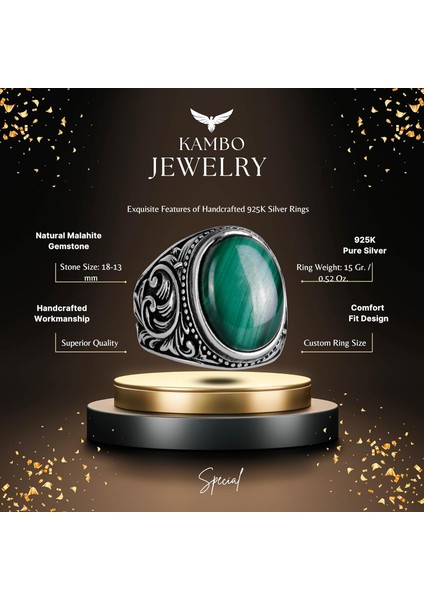 925 Ayar Katı Gümüş Erkek Yüzük, El Yapımı Malakit Taş Yüzük - Şifa Enerjisi Tasarımı fiyatları
