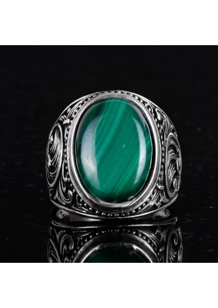 925 Ayar Katı Gümüş Erkek Yüzük, El Yapımı Malakit Taş Yüzük - Şifa Enerjisi Tasarımı fırsatları
