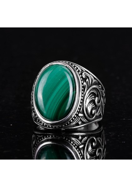 925 Ayar Katı Gümüş Erkek Yüzük, El Yapımı Malakit Taş Yüzük - Şifa Enerjisi Tasarımı indirimleri