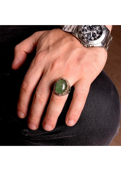 Zümrüt Doğal Cabochon Taş Yüzük, El Yapımı Erkek Yüzüğü, Sterlin Gümüş Erkek Yüzüğü indirimleri
