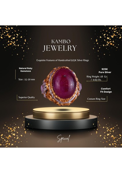 Doğal Taş Yüzük - Erkekler Için Sultan Yüzüğü - Altın Kaplama 925 Ayar Gümüş Yüzük - El Yapımı Yüzük (Yakut) fiyatları