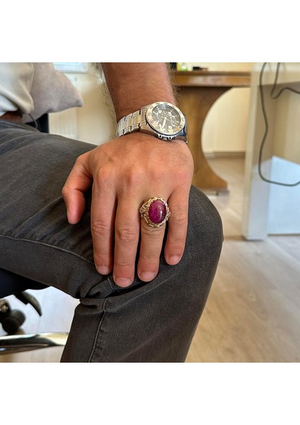 Doğal Taş Yüzük - Erkekler Için Sultan Yüzüğü - Altın Kaplama 925 Ayar Gümüş Yüzük - El Yapımı Yüzük (Yakut) modelleri