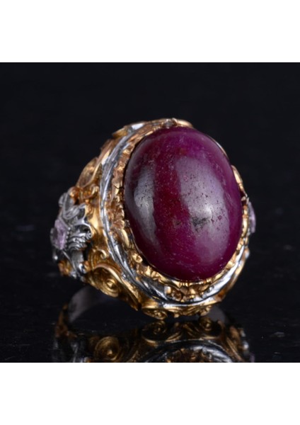 Doğal Taş Yüzük - Erkekler Için Sultan Yüzüğü - Altın Kaplama 925 Ayar Gümüş Yüzük - El Yapımı Yüzük (Yakut) indirimleri