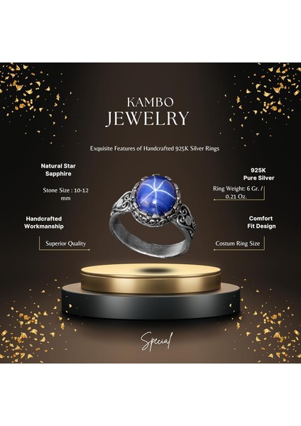 Doğal Yıldız Safir Taşlı Yüzük, 925 Ayar Gümüş Yüzük Erkekler Için, Mavi Taş Yüzük fiyatları