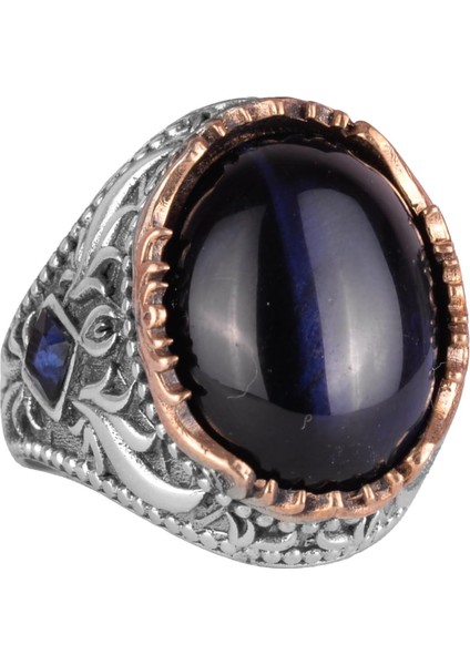 Yapay Taş Yüzük - El Yapımı Erkek Yüzüğü - Zarif 925 Ayar Gümüş Erkek Yüzüğü (Yapay Lacivert Kedi Göz)