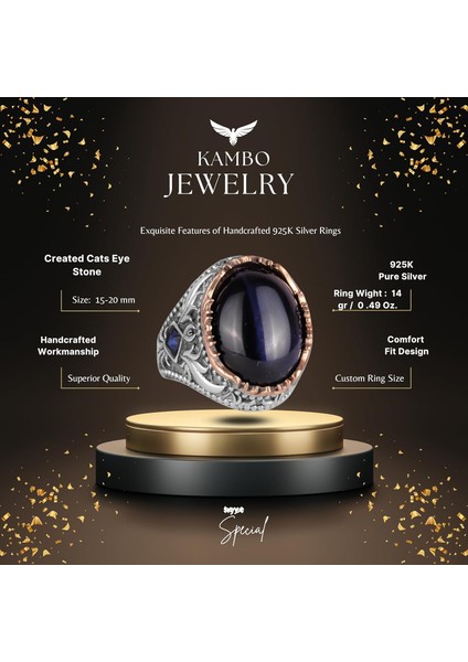 Yapay Taş Yüzük - El Yapımı Erkek Yüzüğü - Zarif 925 Ayar Gümüş Erkek Yüzüğü (Yapay Lacivert Kedi Göz) fiyatları