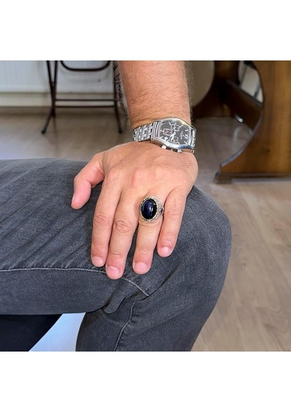 Yapay Taş Yüzük - El Yapımı Erkek Yüzüğü - Zarif 925 Ayar Gümüş Erkek Yüzüğü (Yapay Lacivert Kedi Göz) modelleri