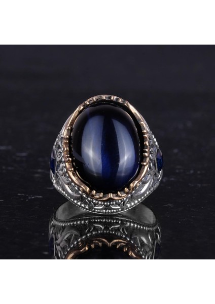 Yapay Taş Yüzük - El Yapımı Erkek Yüzüğü - Zarif 925 Ayar Gümüş Erkek Yüzüğü (Yapay Lacivert Kedi Göz) fırsatları