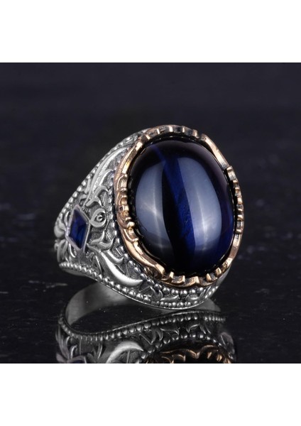Yapay Taş Yüzük - El Yapımı Erkek Yüzüğü - Zarif 925 Ayar Gümüş Erkek Yüzüğü (Yapay Lacivert Kedi Göz) indirimleri