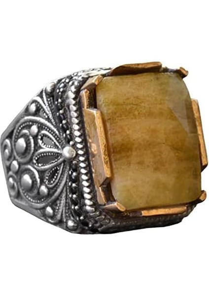 Sarı Safir Yüzük, Gümüş Sarı Safir Yüzük, 925 Ayar Gümüş Erkek Yüzük, Büyük Yüzük