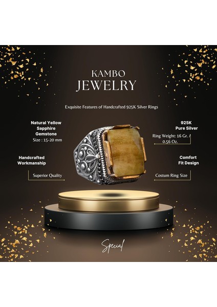 Sarı Safir Yüzük, Gümüş Sarı Safir Yüzük, 925 Ayar Gümüş Erkek Yüzük, Büyük Yüzük fiyatları