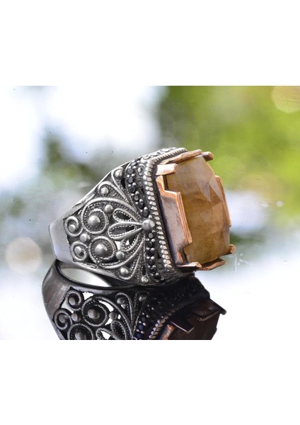 Sarı Safir Yüzük, Gümüş Sarı Safir Yüzük, 925 Ayar Gümüş Erkek Yüzük, Büyük Yüzük modelleri