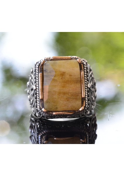 Sarı Safir Yüzük, Gümüş Sarı Safir Yüzük, 925 Ayar Gümüş Erkek Yüzük, Büyük Yüzük indirimleri