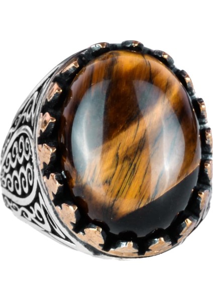 925 Ayar Katı Gümüş Erkek Yüzük - Doğal Taşlarla El Yapımı Şıklık (Kaplan Göz Taşı)