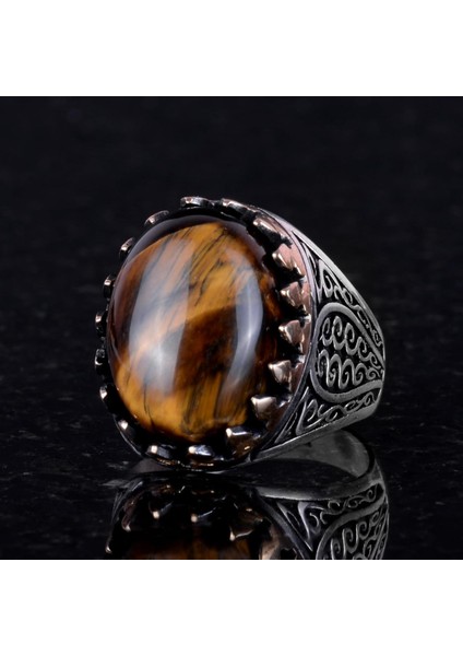 925 Ayar Katı Gümüş Erkek Yüzük - Doğal Taşlarla El Yapımı Şıklık (Kaplan Göz Taşı) fırsatları