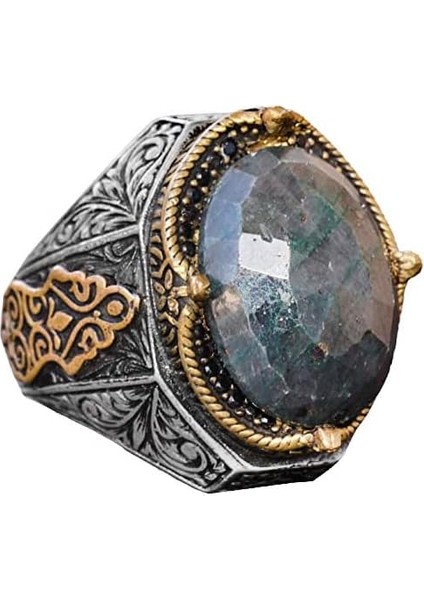 El Yapımı Vintage Tasarım Zümrüt Yüzük - 925 Ayar Gümüş Erkek Yüzük Altın Aksanlarla (Zümrüt)