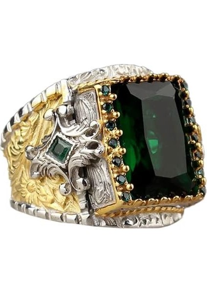 El Yapımı 925 Ayar Gümüş Erkek Yüzük, Yeşil Zümrüt Taşlı, Süslemeli Tasarım, Islami Yüzük