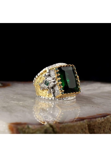 El Yapımı 925 Ayar Gümüş Erkek Yüzük, Yeşil Zümrüt Taşlı, Süslemeli Tasarım, Islami Yüzük fiyatları