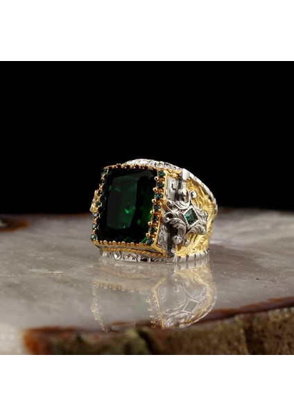 El Yapımı 925 Ayar Gümüş Erkek Yüzük, Yeşil Zümrüt Taşlı, Süslemeli Tasarım, Islami Yüzük modelleri