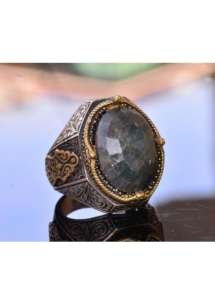 El Yapımı Vintage Tasarım Zümrüt Yüzük - 925 Ayar Gümüş Erkek Yüzük Altın Aksanlarla (Zümrüt) modelleri