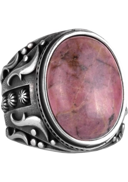 El Yapımı Gerçek Doğal Rodonit Taşı Yüzük, 925 Ayar Gümüş Yüzük, Erkek Yüzüğü