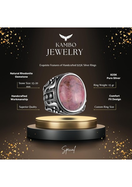 El Yapımı Gerçek Doğal Rodonit Taşı Yüzük, 925 Ayar Gümüş Yüzük, Erkek Yüzüğü fiyatları