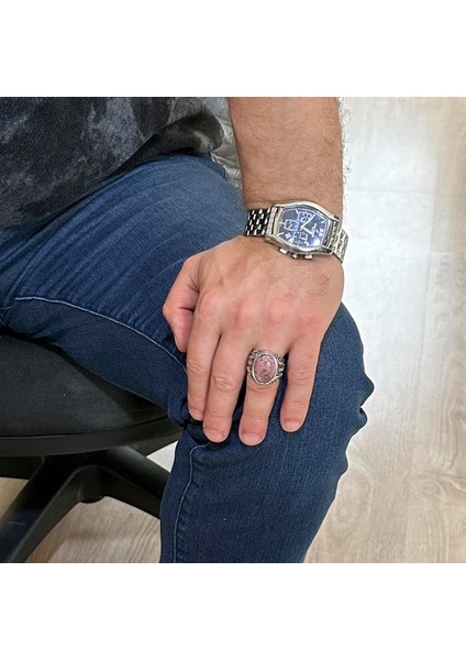 El Yapımı Gerçek Doğal Rodonit Taşı Yüzük, 925 Ayar Gümüş Yüzük, Erkek Yüzüğü modelleri