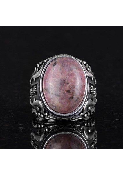 El Yapımı Gerçek Doğal Rodonit Taşı Yüzük, 925 Ayar Gümüş Yüzük, Erkek Yüzüğü fırsatları