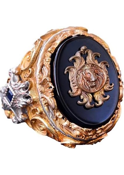 El Yapımı Onyx Yüzük - 925 Ayar Sterlin Gümüş Erkek Altın Kaplama Yüzük (Aslan)