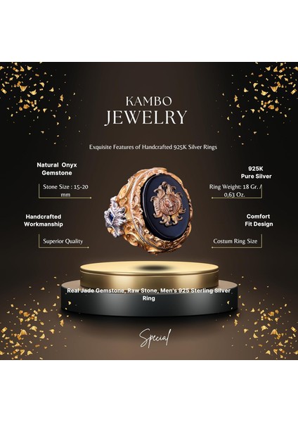 El Yapımı Onyx Yüzük - 925 Ayar Sterlin Gümüş Erkek Altın Kaplama Yüzük (Aslan) fiyatları