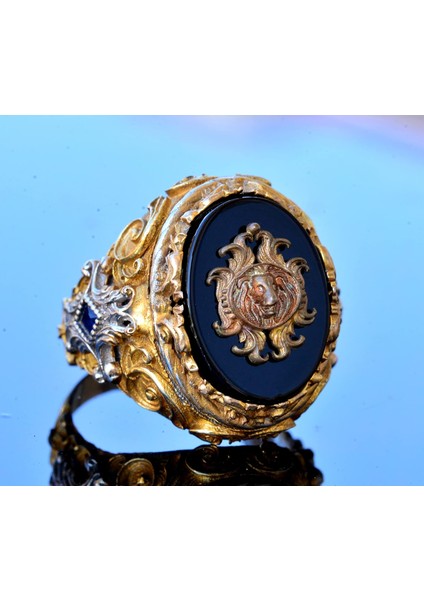 El Yapımı Onyx Yüzük - 925 Ayar Sterlin Gümüş Erkek Altın Kaplama Yüzük (Aslan) modelleri