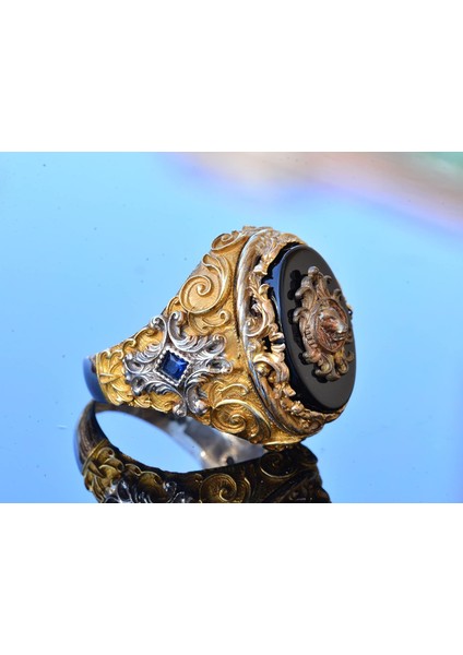 El Yapımı Onyx Yüzük - 925 Ayar Sterlin Gümüş Erkek Altın Kaplama Yüzük (Aslan) fırsatları