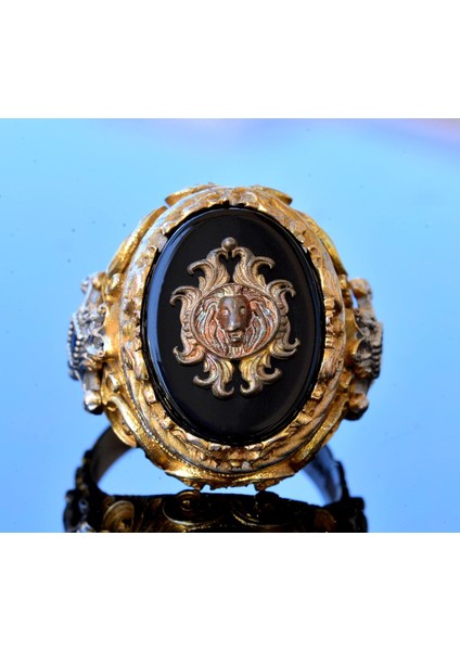 El Yapımı Onyx Yüzük - 925 Ayar Sterlin Gümüş Erkek Altın Kaplama Yüzük (Aslan) indirimleri