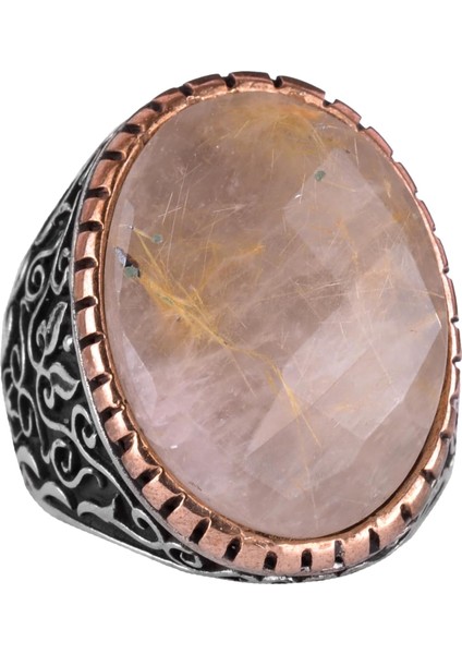 Doğal Cabochon Altın Rutilli Kuvars Taş Yüzük, Sultan Yüzük, Tasarım Gümüş Erkek Yüzüğü, 925K Sıkı Sterlin Gümüş Erkek Yüzüğü