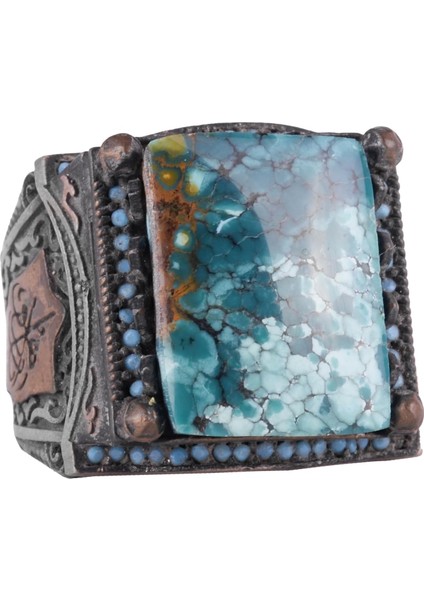 Doğal Arizona Turkuaz Taş Yüzük - 925 Ayar Gümüş Islami Yüzük - El Yapımı Vintage Tasarım