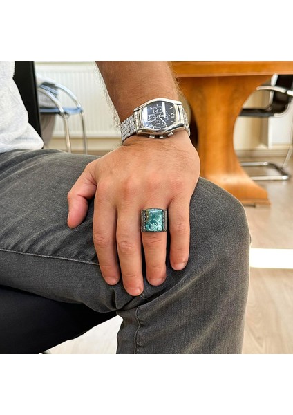 Doğal Arizona Turkuaz Taş Yüzük - 925 Ayar Gümüş Islami Yüzük - El Yapımı Vintage Tasarım modelleri