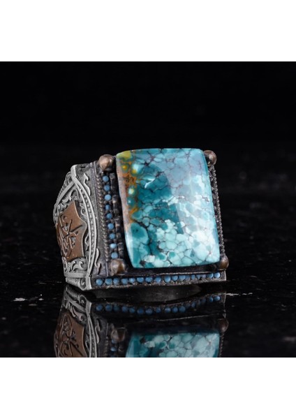 Doğal Arizona Turkuaz Taş Yüzük - 925 Ayar Gümüş Islami Yüzük - El Yapımı Vintage Tasarım fırsatları