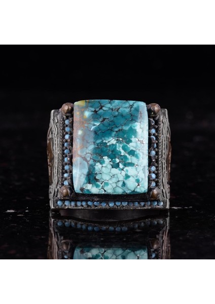 Doğal Arizona Turkuaz Taş Yüzük - 925 Ayar Gümüş Islami Yüzük - El Yapımı Vintage Tasarım indirimleri