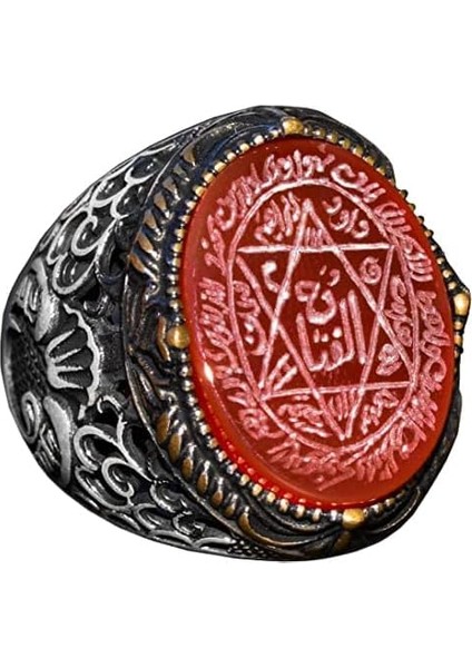 El Yapımı Süleyman Mührü Yüzüğü, Kırmızı Akik Taşı, Islami Erkek Yüzüğü, 925 Ayar Gümüş